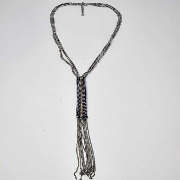 Stella and Dot Tessa Fringe Long Necklace Silver Tone Adjustable Statement Chain - Picture 3 of 6